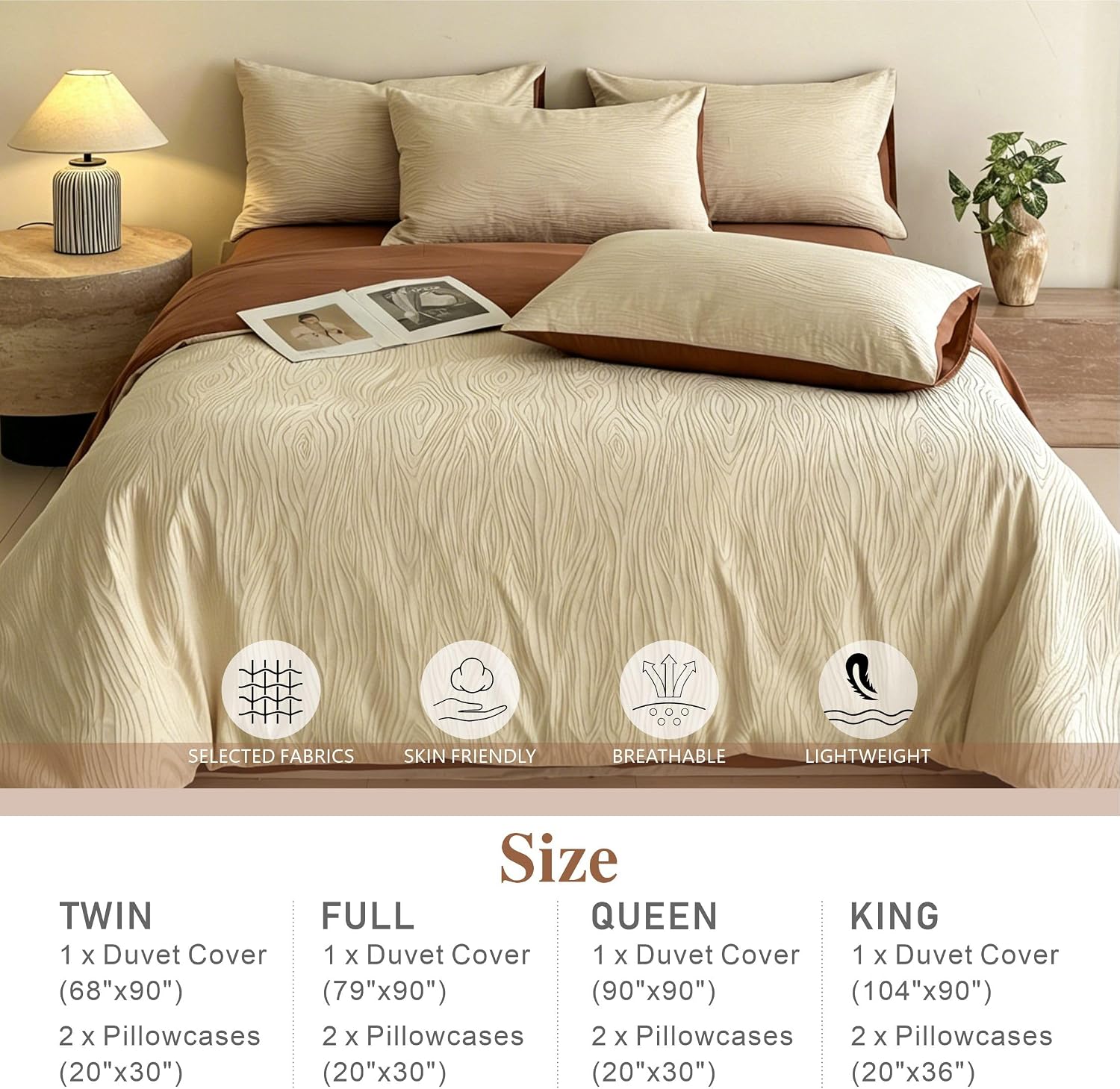 Cream Textured Duvet Cover Queen Size - 3 piece Soft Washed Cotton Bedding Set with Zipper Closure & 8 Corner Ties