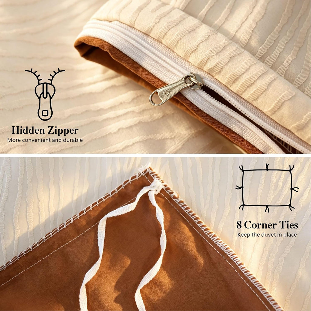Cream Textured Duvet Cover Queen Size - 3 piece Soft Washed Cotton Bedding Set with Zipper Closure & 8 Corner Ties