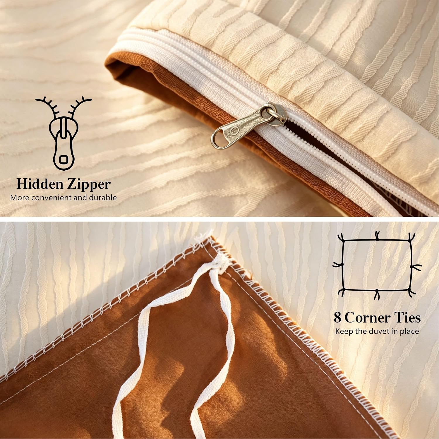 Cream Textured Duvet Cover Queen Size - 3 piece Soft Washed Cotton Bedding Set with Zipper Closure & 8 Corner Ties