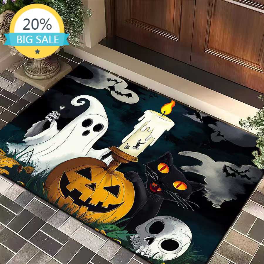 1pc Halloween Rug Lovely Cat Ghost Pumpkin 3D Print Non-slip Rug Entrance Mat Home Living Room Bedroom Ornament Halloween Decor