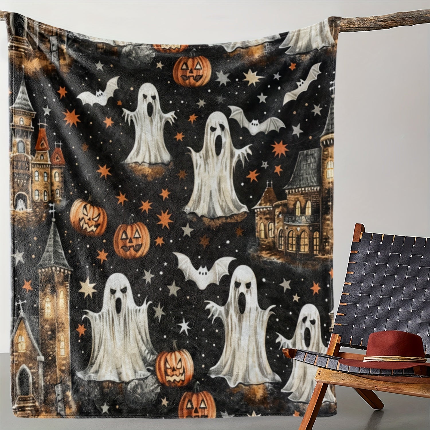Cozy Flannel Halloween Blanket with Castle, Ghosts & Bats - Soft, Warm Throw for Couch, Bed, Car, Office, Camping - Versatile All-Season Gift