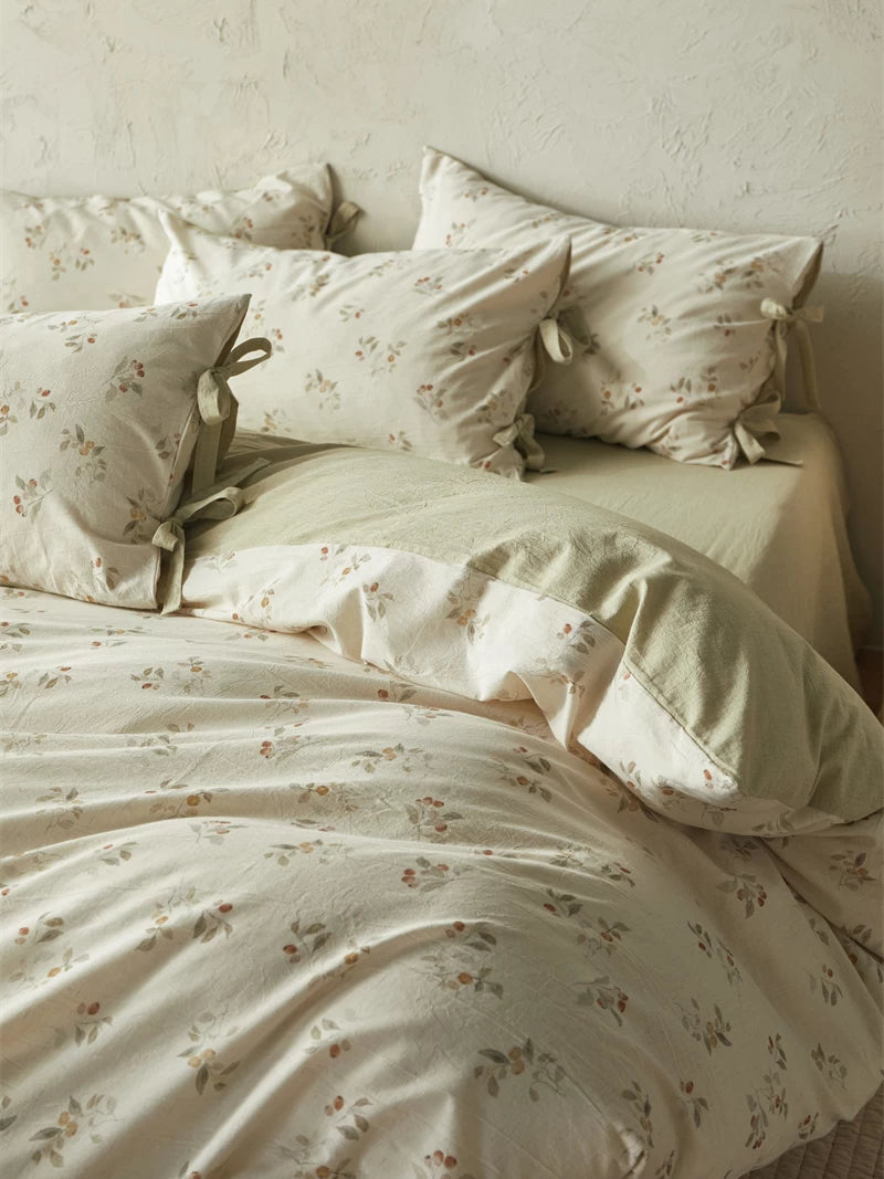 French Cottage Floral Cotton-Linen Bow Bedding Set