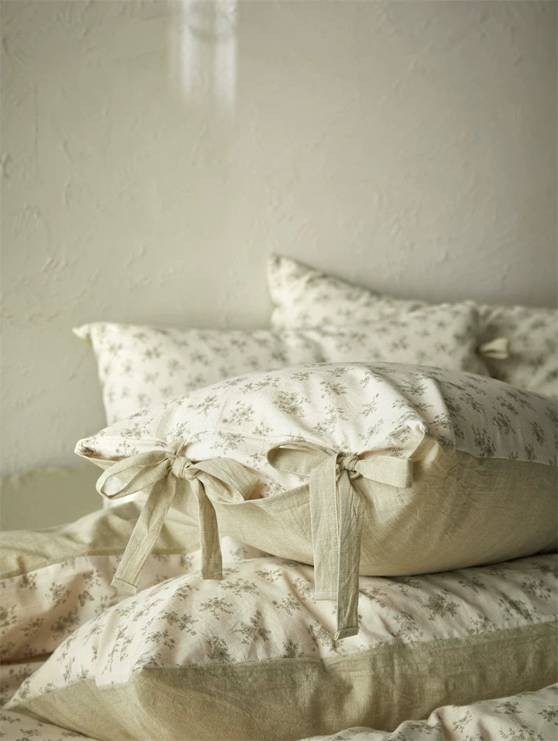 French Cottage Floral Cotton-Linen Bow Bedding Set