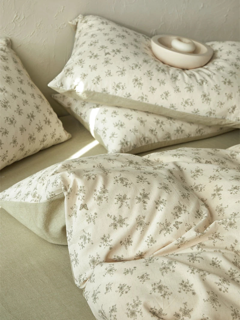 French Cottage Floral Cotton-Linen Bow Bedding Set
