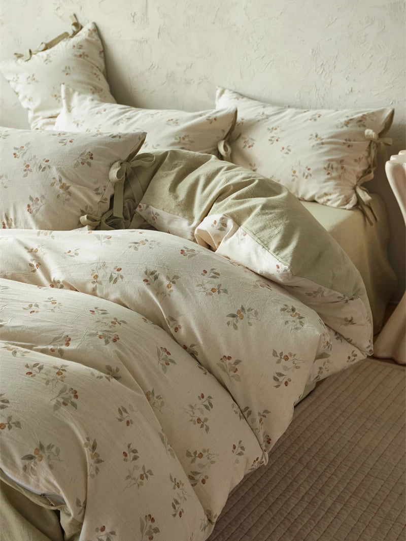 French Cottage Floral Cotton-Linen Bow Bedding Set