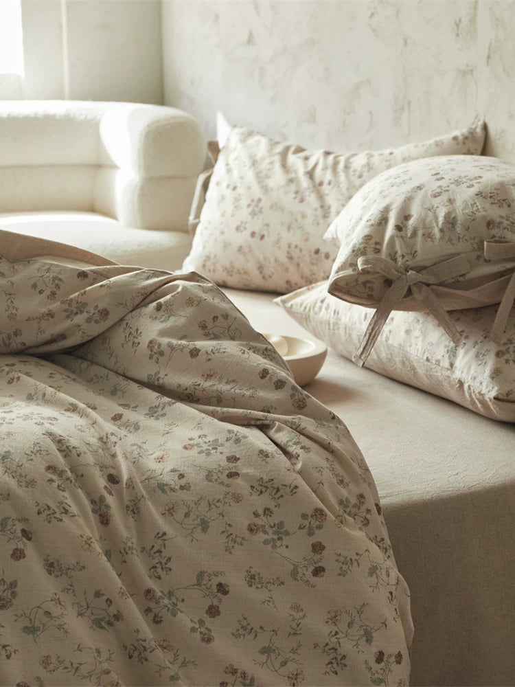 French Cottage Floral Cotton-Linen Bow Bedding Set