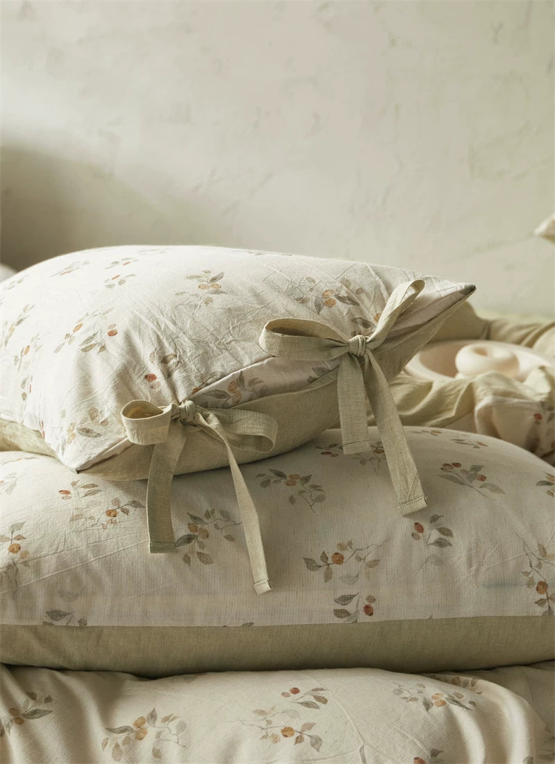 French Cottage Floral Cotton-Linen Bow Bedding Set