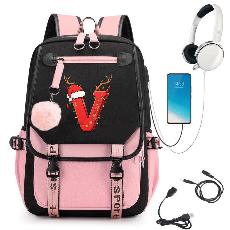 Pink School Students Campus Bag Schoolbag Backpack With A-Z 26 Letters Lightweight Travel Christmas Gifts