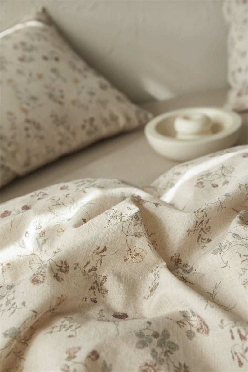 French Cottage Floral Cotton-Linen Bow Bedding Set