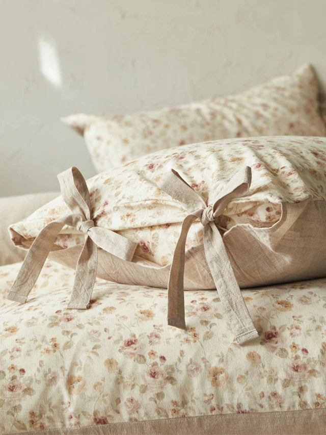 French Cottage Floral Cotton-Linen Bow Bedding Set