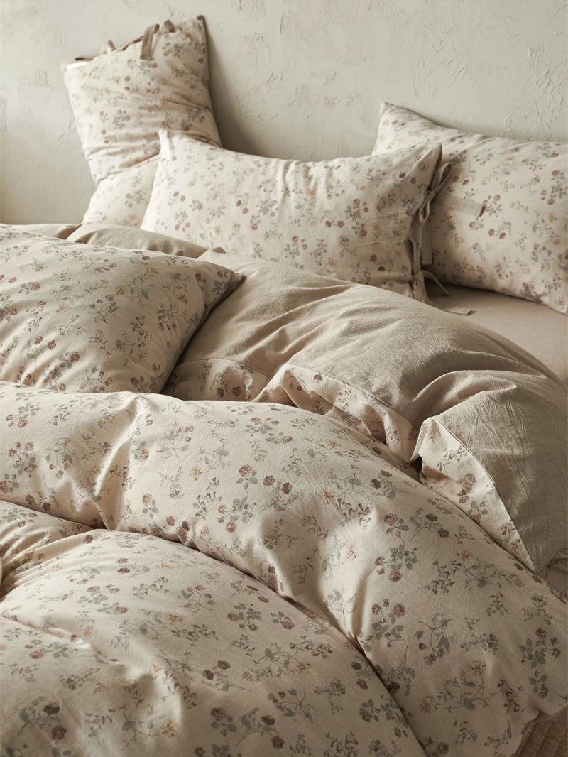French Cottage Floral Cotton-Linen Bow Bedding Set