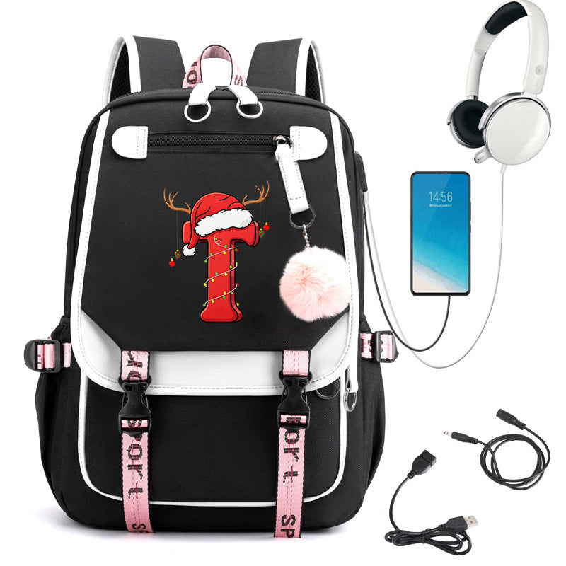 Black School Students Campus Bag Schoolbag Backpack With A-Z 26 Letters Lightweight Travel Christmas Gifts