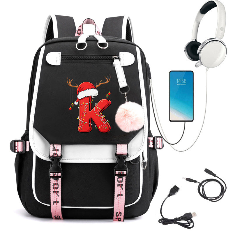 Black School Students Campus Bag Schoolbag Backpack With A-Z 26 Letters Lightweight Travel Christmas Gifts