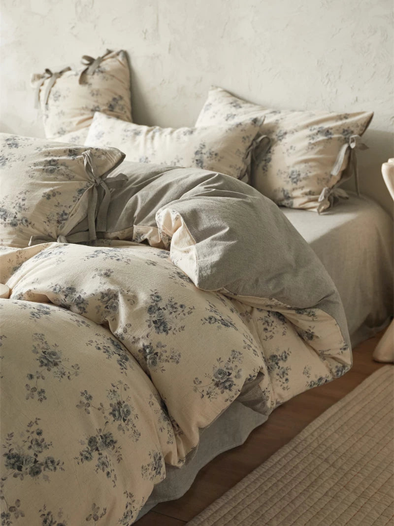 French Cottage Floral Cotton-Linen Bow Bedding Set