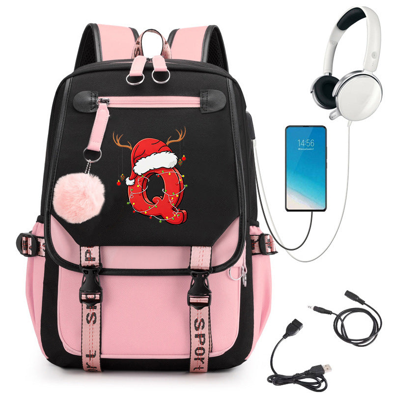 Pink School Students Campus Bag Schoolbag Backpack With A-Z 26 Letters Lightweight Travel Christmas Gifts