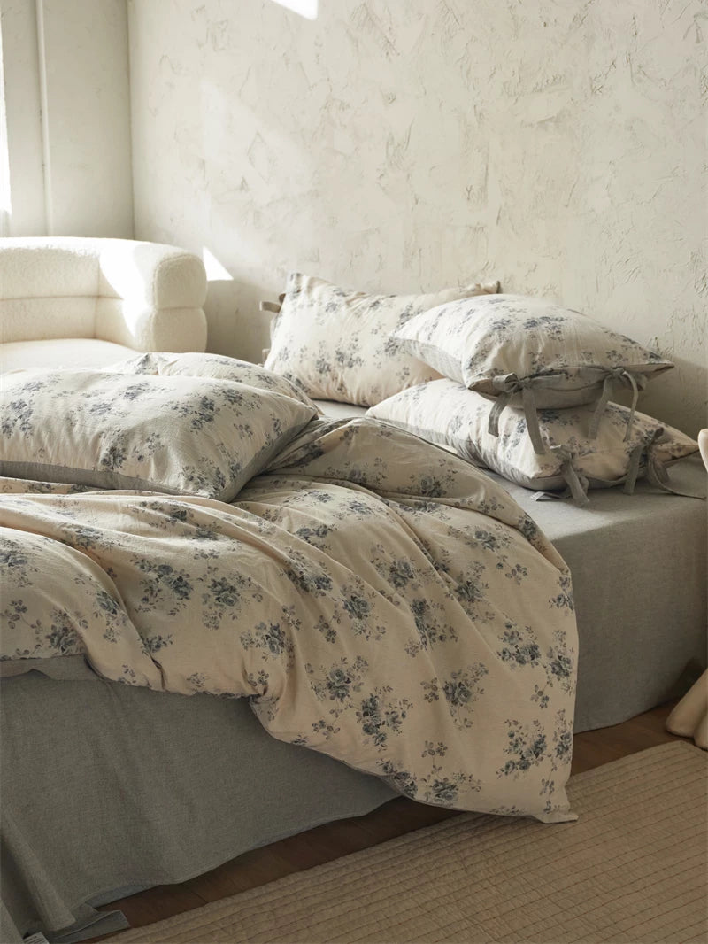 French Cottage Floral Cotton-Linen Bow Bedding Set