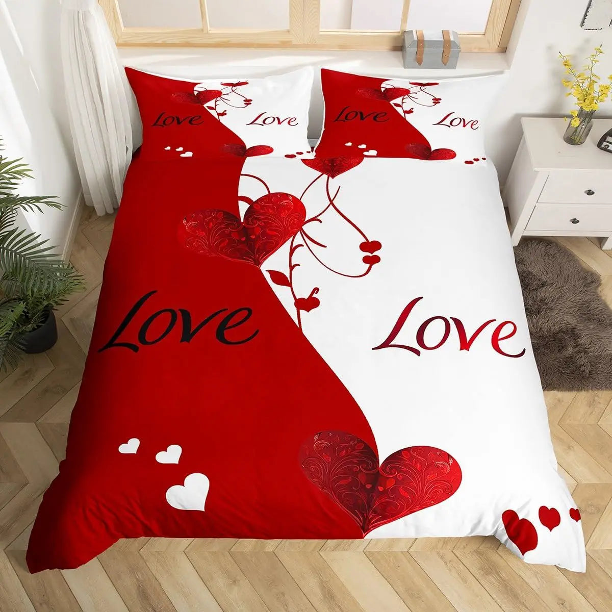 Red Roses Duvet Cover Twin Queen Happy Valentine's Day Bedding Set Romantic Flowers Comforter Cover Cute Love Heart Quilt Cover