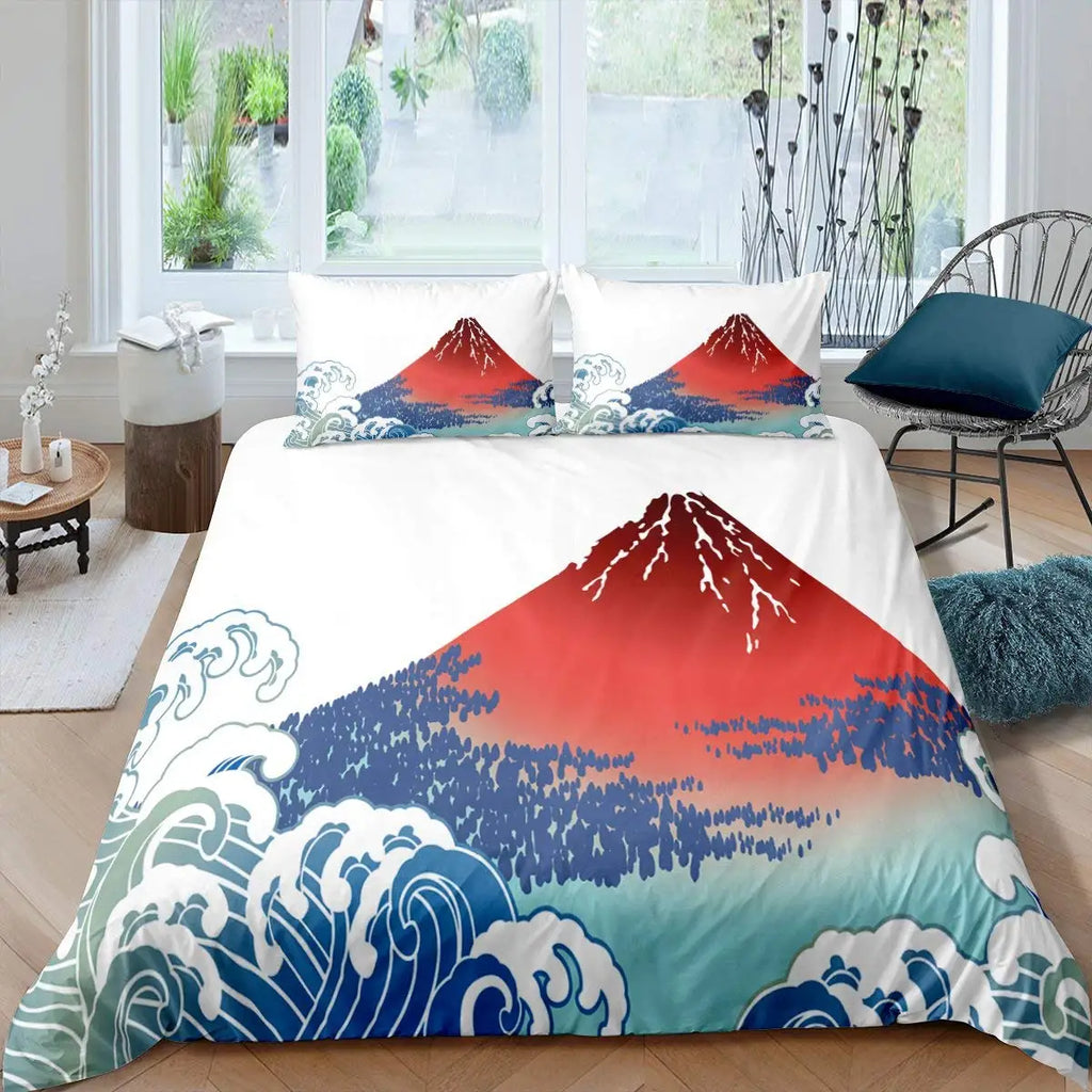 Japanese-Style Duvet Cover Set for Girl Polyester Mount Fuji Comforter Cover Cherry Blossoms Flower Ink Hand Painted Quilt Cover