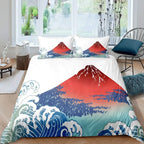 Japanese-Style Duvet Cover Set for Girl Polyester Mount Fuji Comforter Cover Cherry Blossoms Flower Ink Hand Painted Quilt Cover