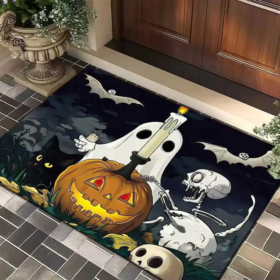 1pc Halloween Rug Lovely Cat Ghost Pumpkin 3D Print Non-slip Rug Entrance Mat Home Living Room Bedroom Ornament Halloween Decor
