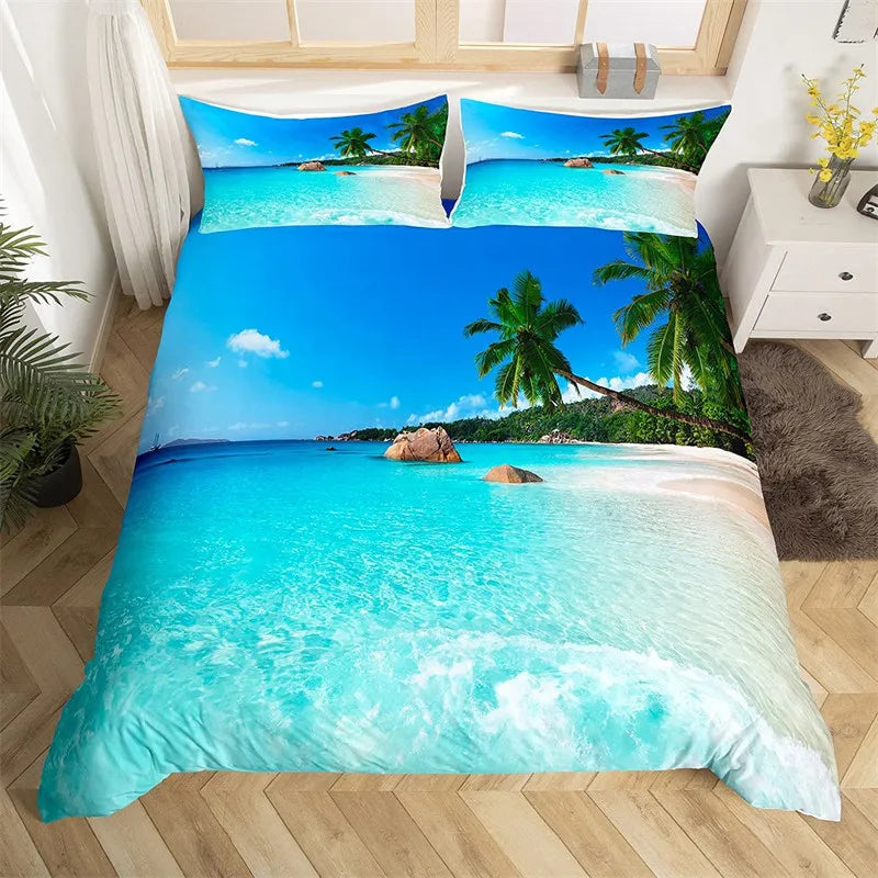 Beach Duvet Cover Set Polyester Tropical Island with The Palm Tree and Sea Beach Nature Theme Double Queen King Size Quilt Cover
