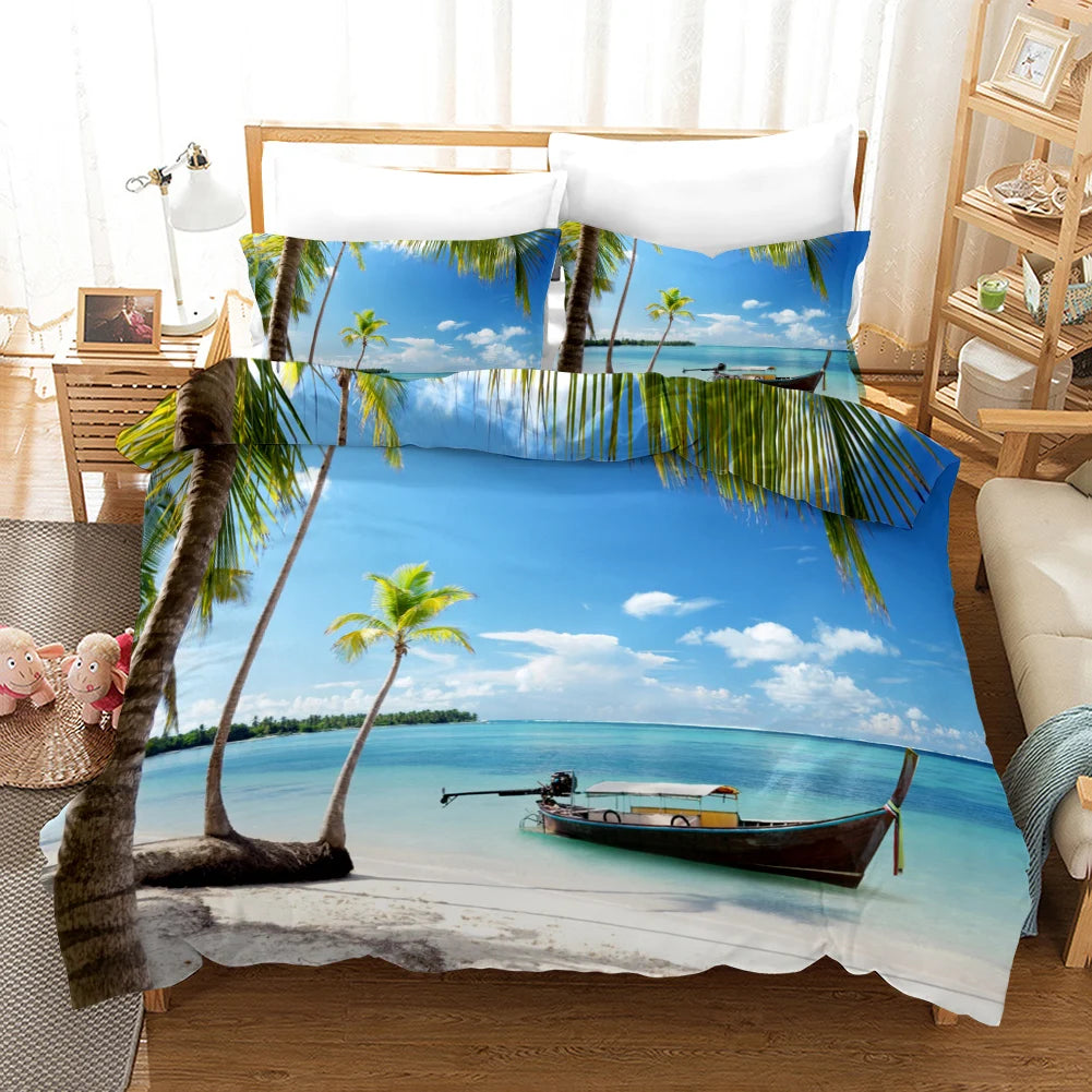 Beach Duvet Cover Set Polyester Tropical Island with The Palm Tree and Sea Beach Nature Theme Double Queen King Size Quilt Cover