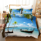 Beach Duvet Cover Set Polyester Tropical Island with The Palm Tree and Sea Beach Nature Theme Double Queen King Size Quilt Cover