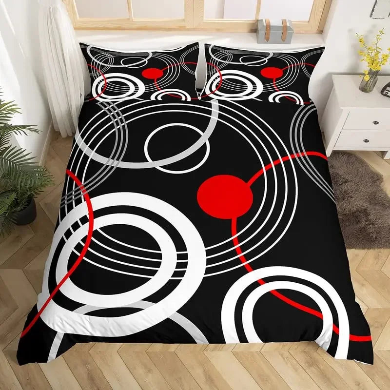 Red and Black Geometric Circles Duvet Cover Set