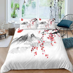 Japanese-Style Duvet Cover Set for Girl Polyester Mount Fuji Comforter Cover Cherry Blossoms Flower Ink Hand Painted Quilt Cover