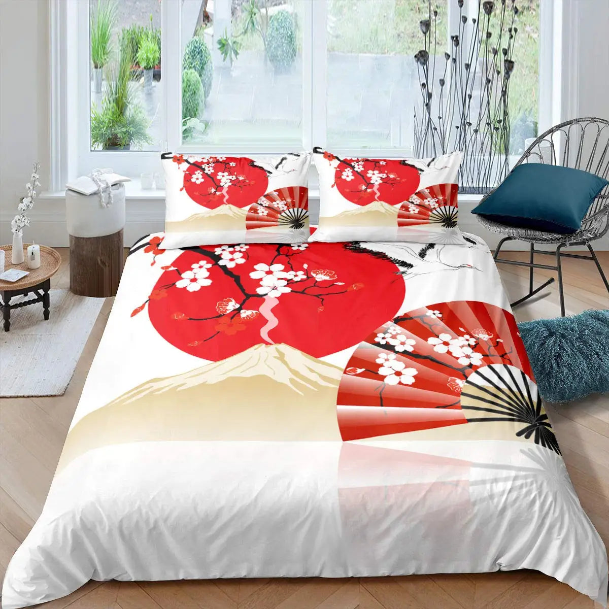 Japanese-Style Duvet Cover Set for Girl Polyester Mount Fuji Comforter Cover Cherry Blossoms Flower Ink Hand Painted Quilt Cover