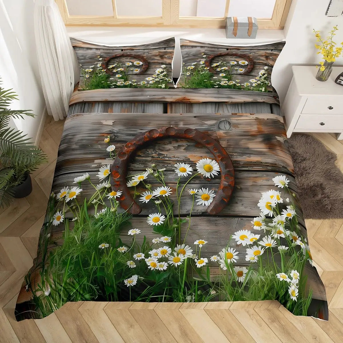 Rustic Farmhouse Bedding Set Western Horseshoe Duvet Cover For Boys Girls Teen Cowboys Cowgirls Quilt Cover With 2 Pillow Cases