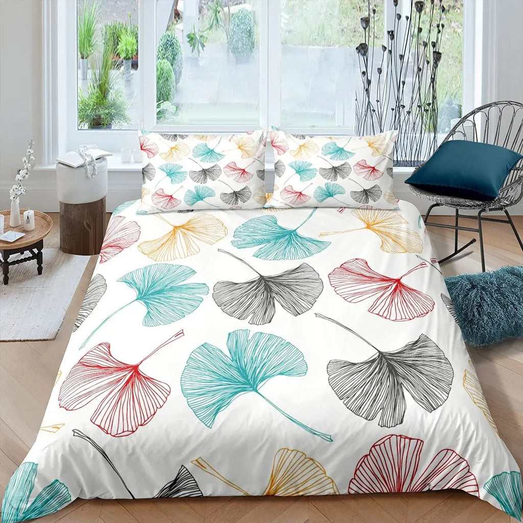 Ginkgo Leaf Duvet Cover Queen Natural Botanical Bedding Set Plants Rustic Farmhouse Comforter Cover Abstract Leaves Quilt Cover
