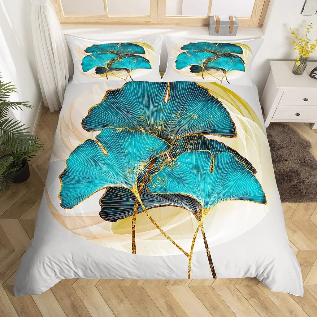 Ginkgo Leaf Duvet Cover Queen Natural Botanical Bedding Set Plants Rustic Farmhouse Comforter Cover Abstract Leaves Quilt Cover