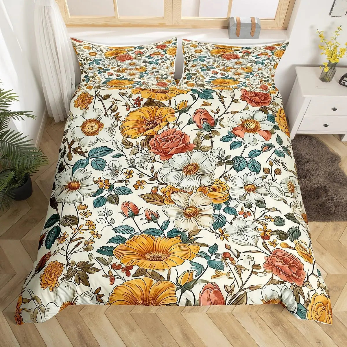 Botanical Leaves Duvet Cover Floral Print King Bedding Set Soft Microfiber Geometric Pattern Comforter Cover With 2 Pillowcases
