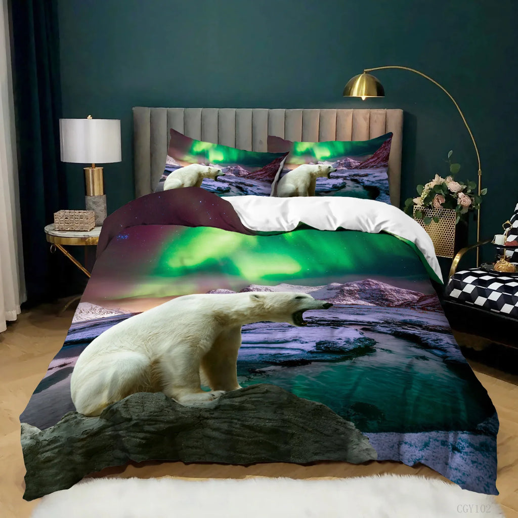 Aurora Borealis Polyester Duvet Cover Set Tree Under Magnetic Field Of Nature With Northern Lights Landscape Picture King Size