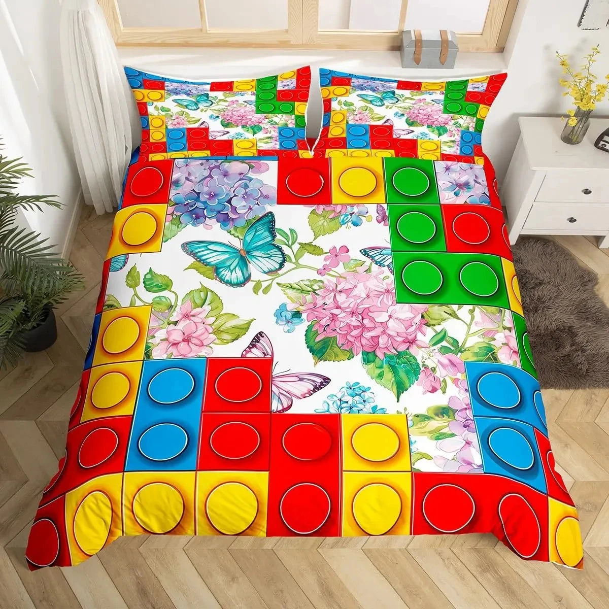 Construction Bedding Set Colorful Polyester Comforter Cover 3D Building Blocks Duvet Cover Kids Boys Rainbow Bricks Quilt Cover