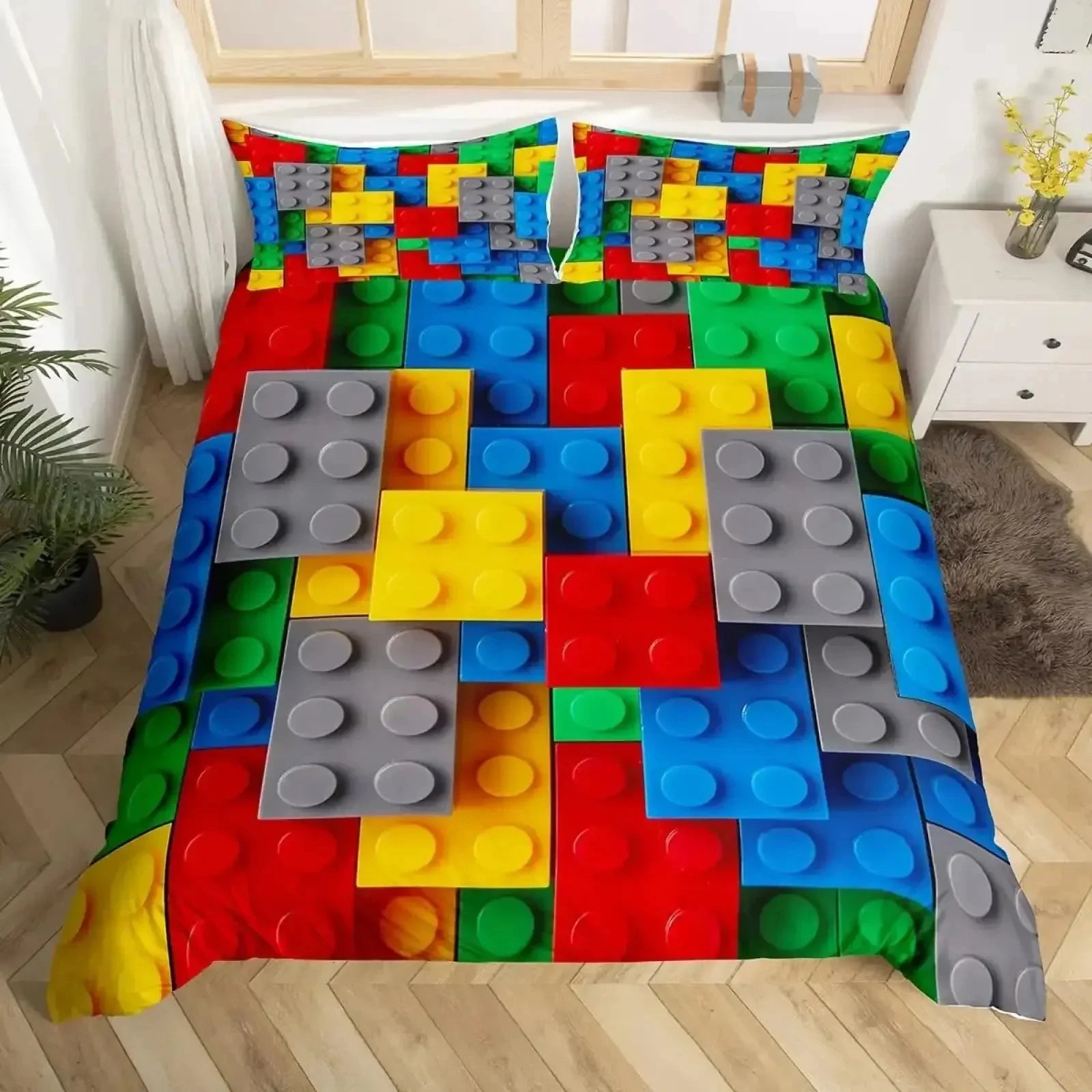 Construction Bedding Set Colorful Polyester Comforter Cover 3D Building Blocks Duvet Cover Kids Boys Rainbow Bricks Quilt Cover