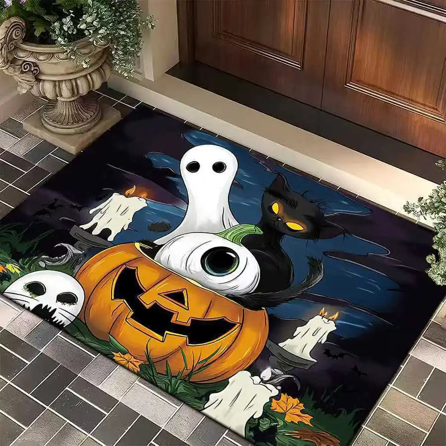 1pc Halloween Rug Lovely Cat Ghost Pumpkin 3D Print Non-slip Rug Entrance Mat Home Living Room Bedroom Ornament Halloween Decor