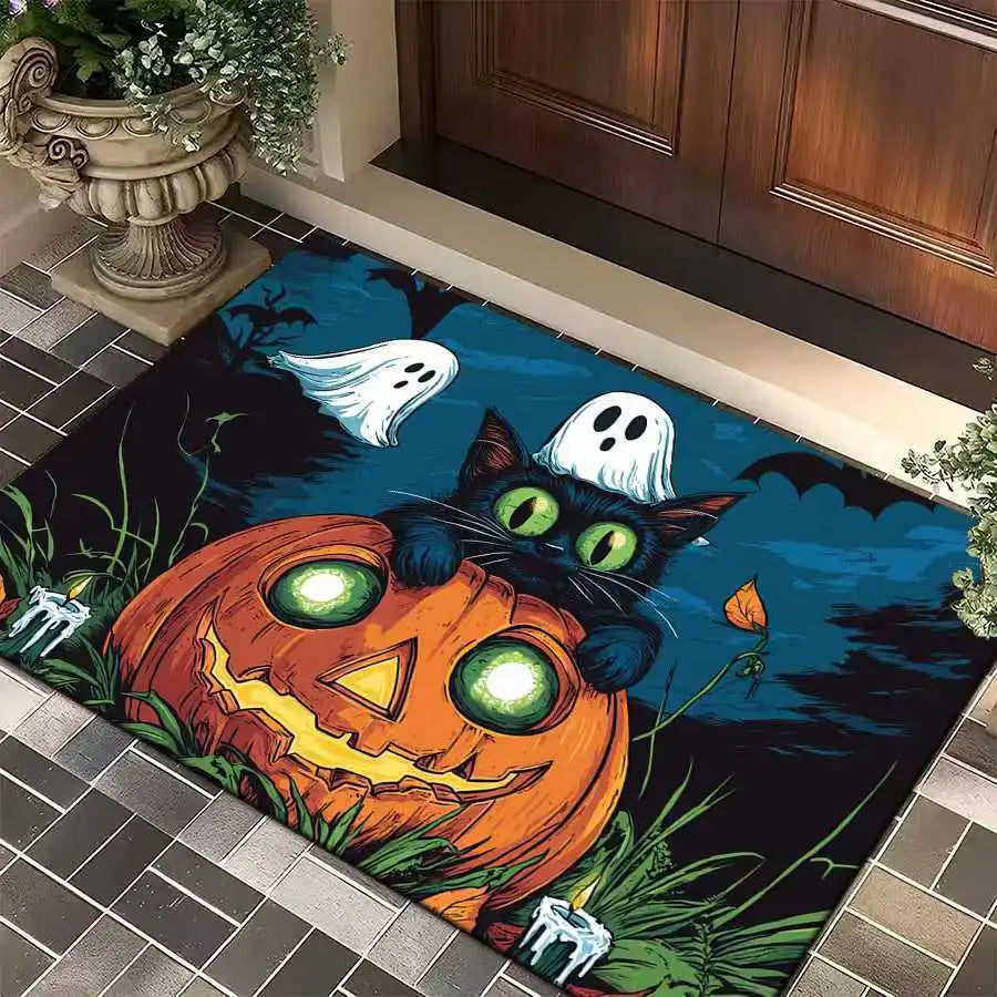 1pc Halloween Rug Lovely Cat Ghost Pumpkin 3D Print Non-slip Rug Entrance Mat Home Living Room Bedroom Ornament Halloween Decor