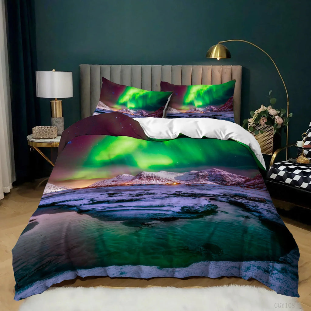 Aurora Borealis Polyester Duvet Cover Set Tree Under Magnetic Field Of Nature With Northern Lights Landscape Picture King Size