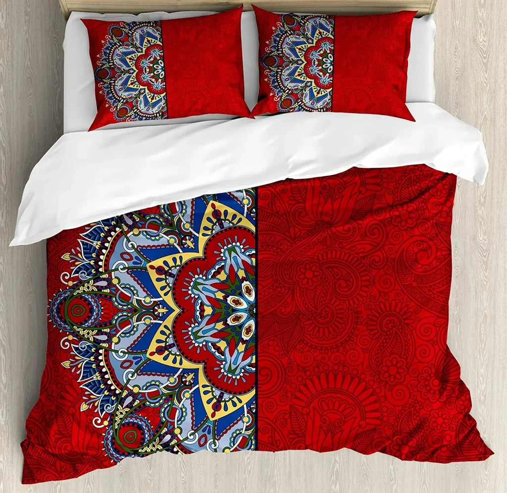 South Mandala Floral Duvet Cover Set,Vibrant Color Ornamental Illustration Bedding Set Bohemian Mandala Lotus Design Quilt Cover