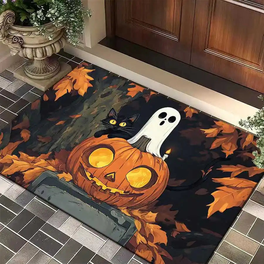 1pc Halloween Rug Lovely Cat Ghost Pumpkin 3D Print Non-slip Rug Entrance Mat Home Living Room Bedroom Ornament Halloween Decor