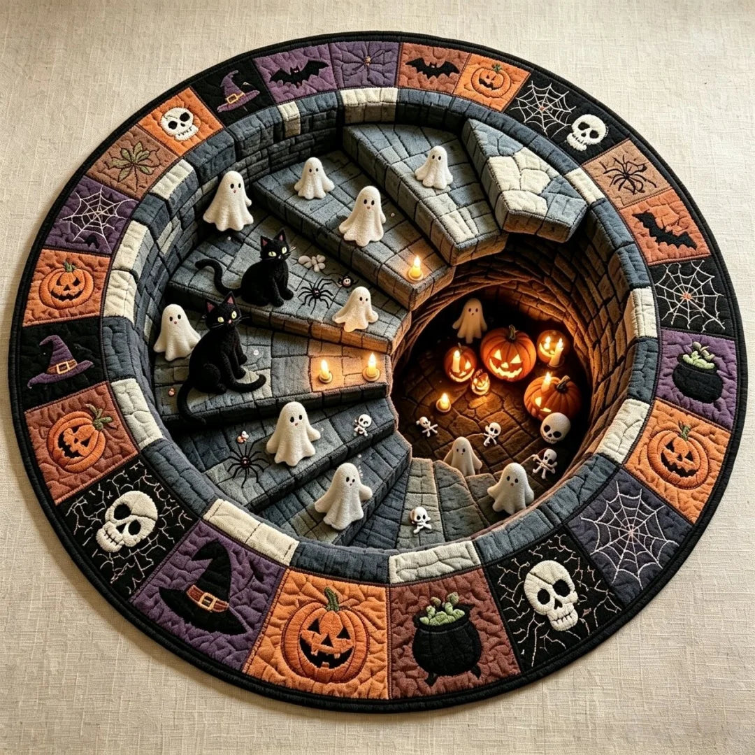 Horror Halloween Round Rug Bat Cat Skull Printed Plush Surface Non-slip Carpet for Home Outdoor Decor Door Mat