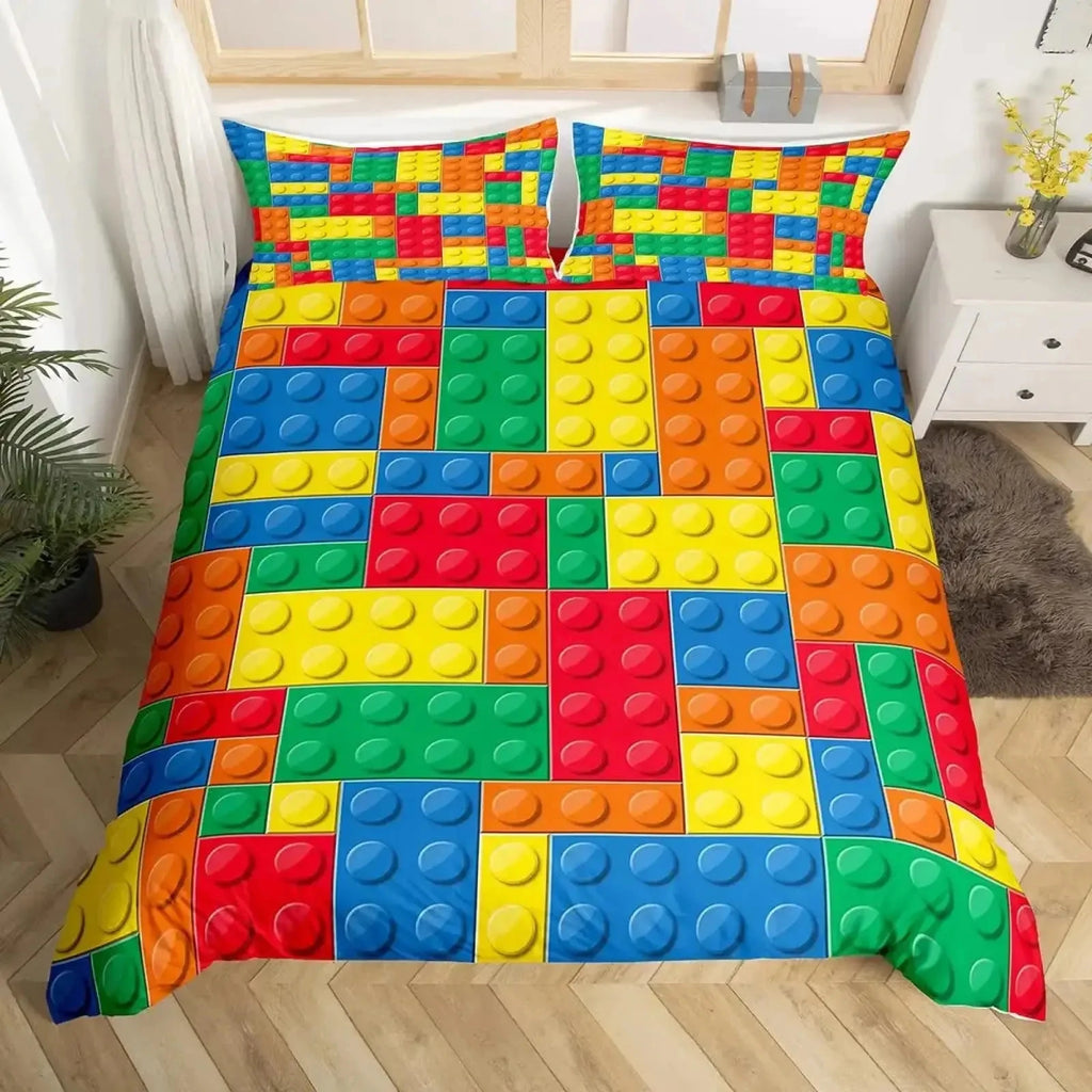 Construction Bedding Set Colorful Polyester Comforter Cover 3D Building Blocks Duvet Cover Kids Boys Rainbow Bricks Quilt Cover