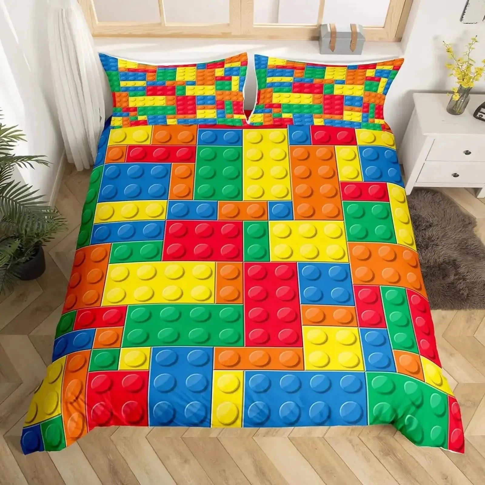 Construction Bedding Set Colorful Polyester Comforter Cover 3D Building Blocks Duvet Cover Kids Boys Rainbow Bricks Quilt Cover