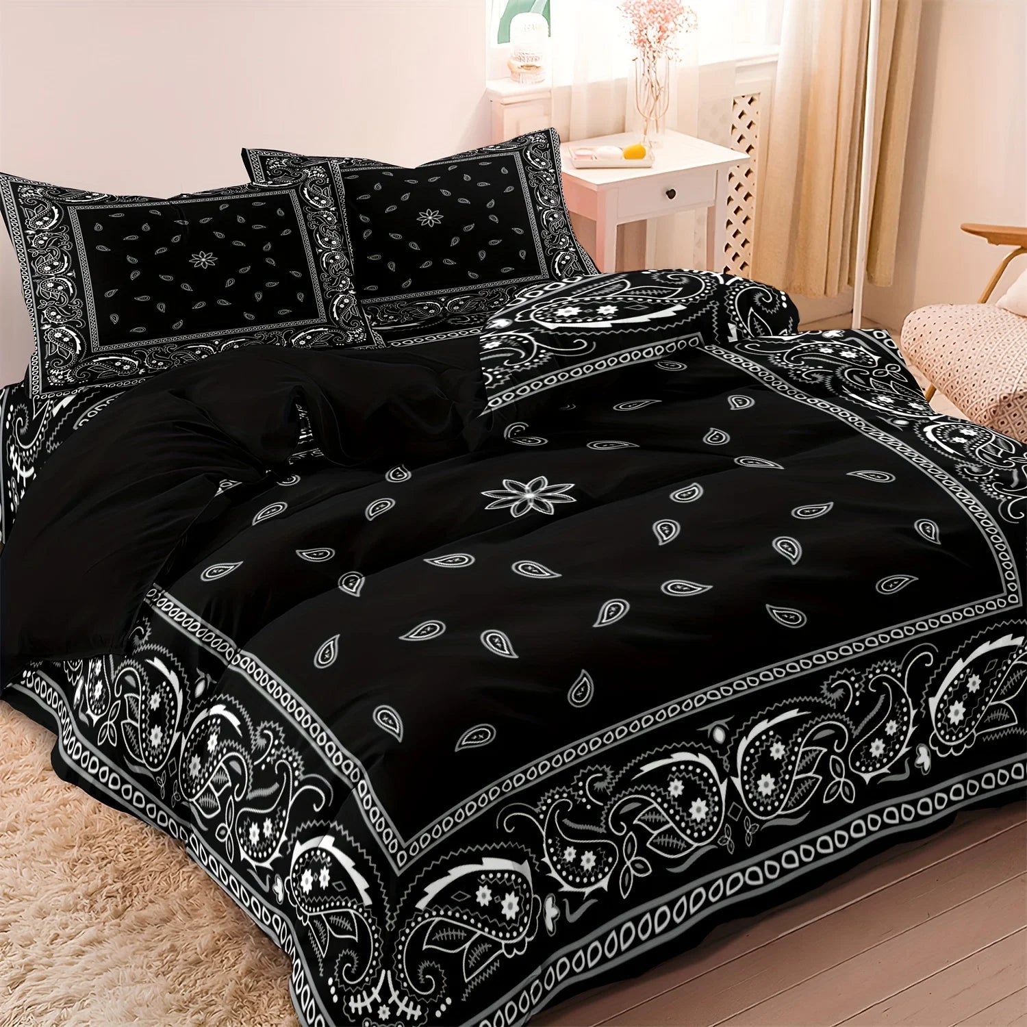 Paisley Mandala Black Duvet Cover Set Bohemian Style Double For Adults Queen King Size Bedding Set With Pillowcase For Bedroom