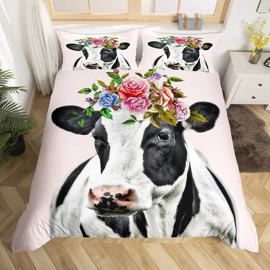 Cow Print Duvet Cover Twin Size, 3 Pieces Cow Bedding Set with 2 Pillowcases, Black and White Comforter Cover Bedroom Decor