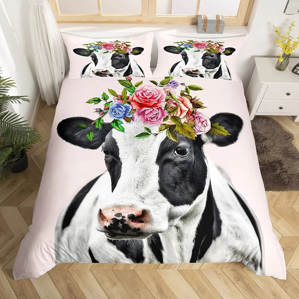 Cow Print Duvet Cover Twin Size, 3 Pieces Cow Bedding Set with 2 Pillowcases, Black and White Comforter Cover Bedroom Decor