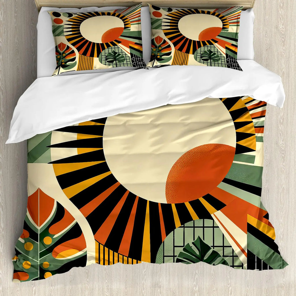 Medieval Boho Century Modern Duvet Cover Set Abstract Geometric Rainbow Sun Circles Comforter Cover Microfiber Soft Bedding Set