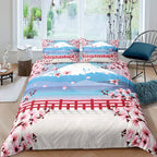 Japanese-Style Duvet Cover Set for Girl Polyester Mount Fuji Comforter Cover Cherry Blossoms Flower Ink Hand Painted Quilt Cover